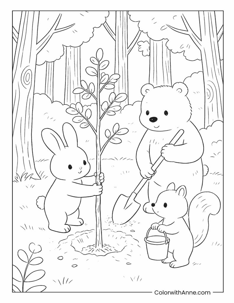 Forest Animals Planting a Tree Earth Day Coloring Page