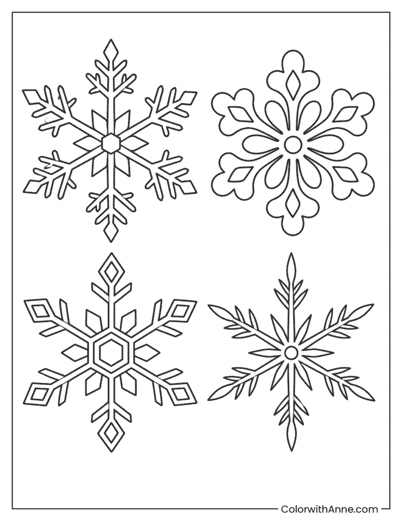 Four Different Snowflakes Coloring Page