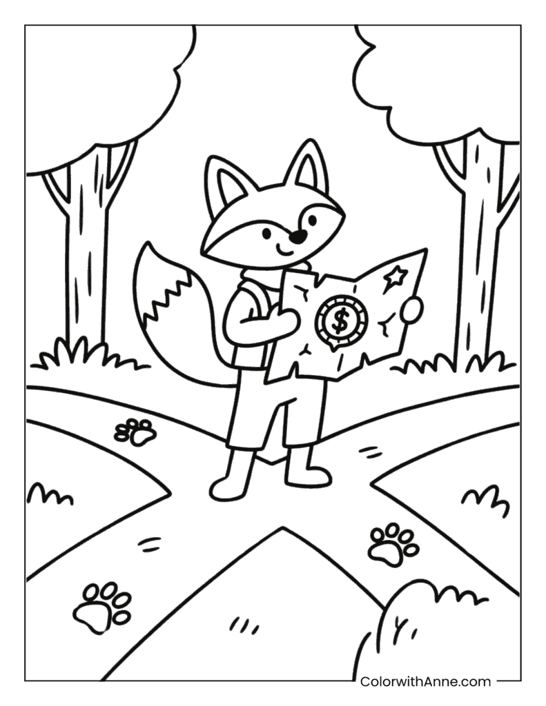 Fox Explorer Holding a Map Coloring Page