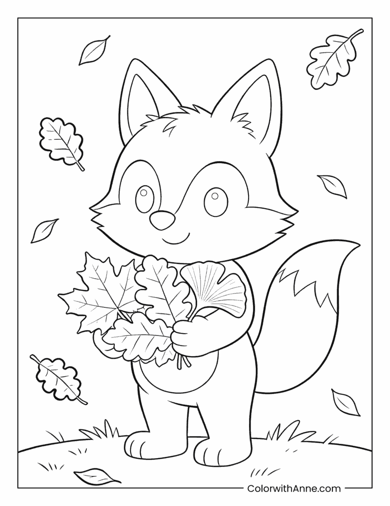 Fox Holding Leaves Fall Coloring Page