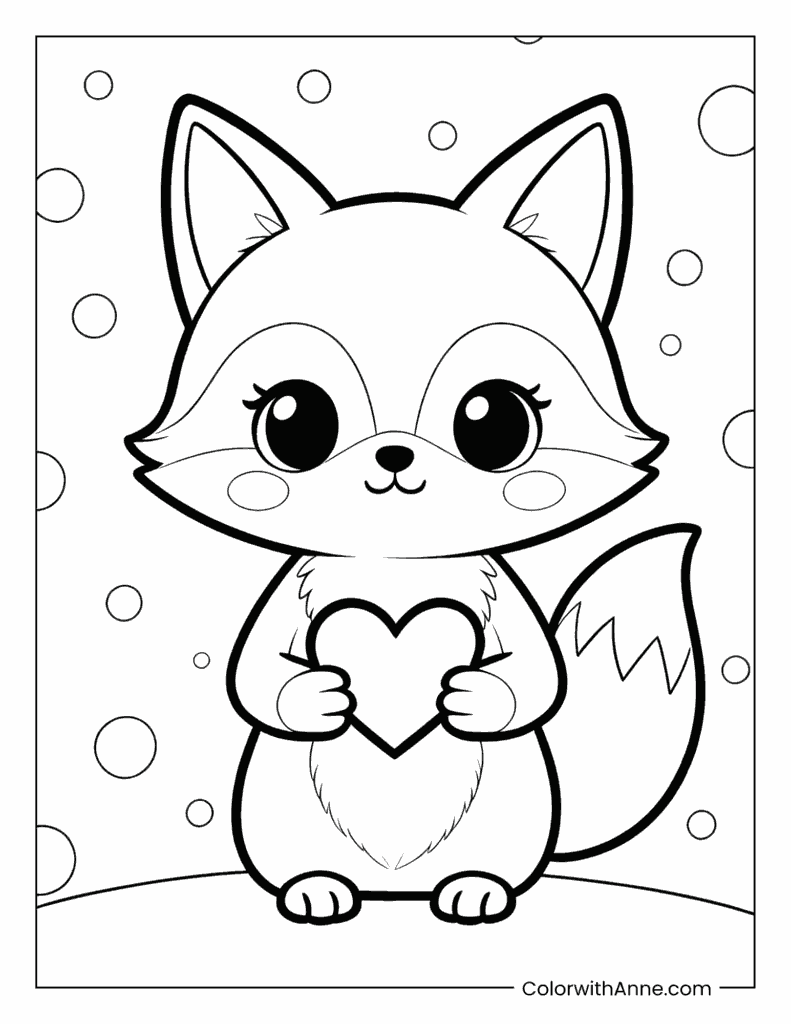 Fox Holding a Heart on a Dotted Background Coloring Page