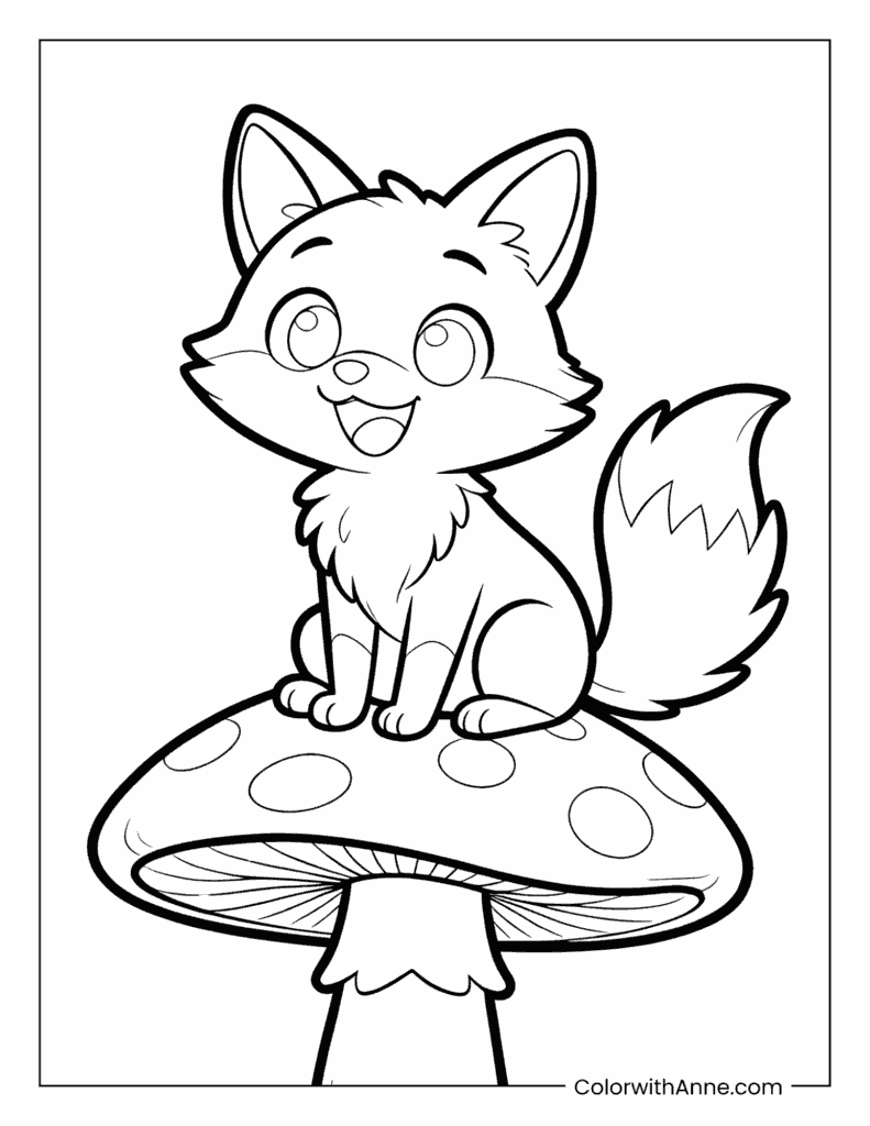 Fox Sitting on a Spotted Mushroom Coloring Page