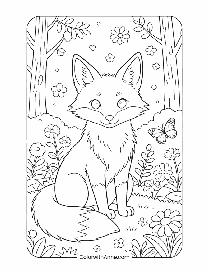 Fox Smiling in the Forest Coloring Page