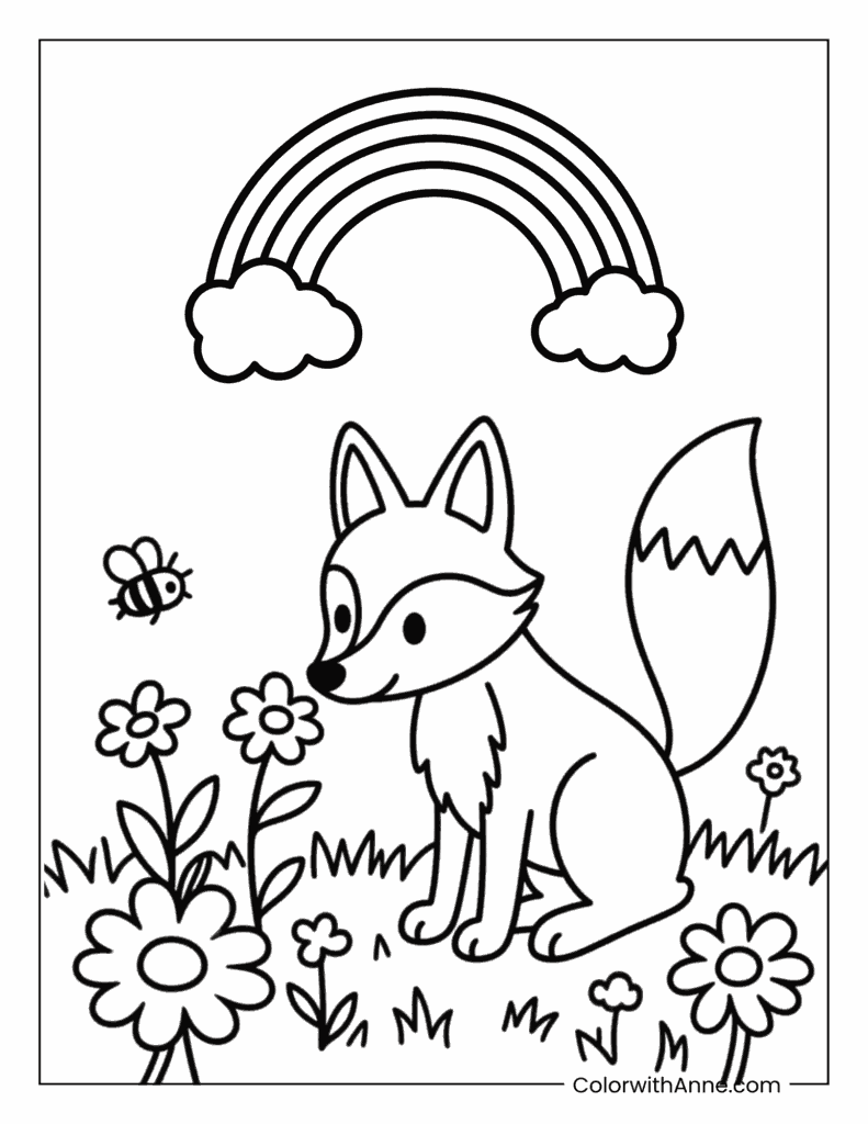 Fox Sniffing Wildflowers Coloring Page