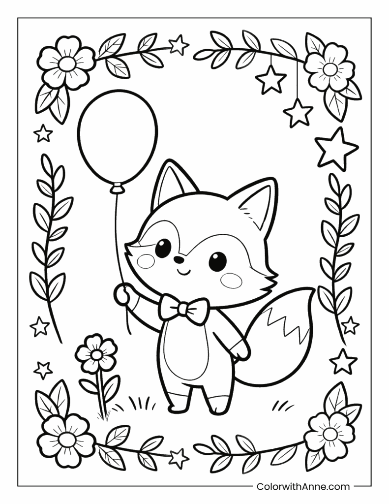 Fox with a Flower Frame and Balloon Coloring Page