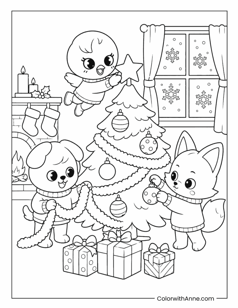 FoxI.Ny, PuppyM & Flying BbokAri Decorate Christmas Tree SKZOO Coloring Page