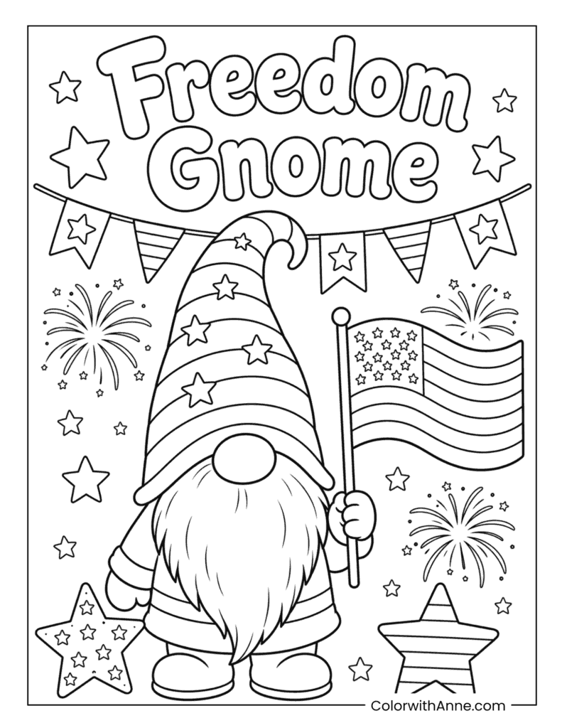 Freedom Gnome with American Flag Coloring Page