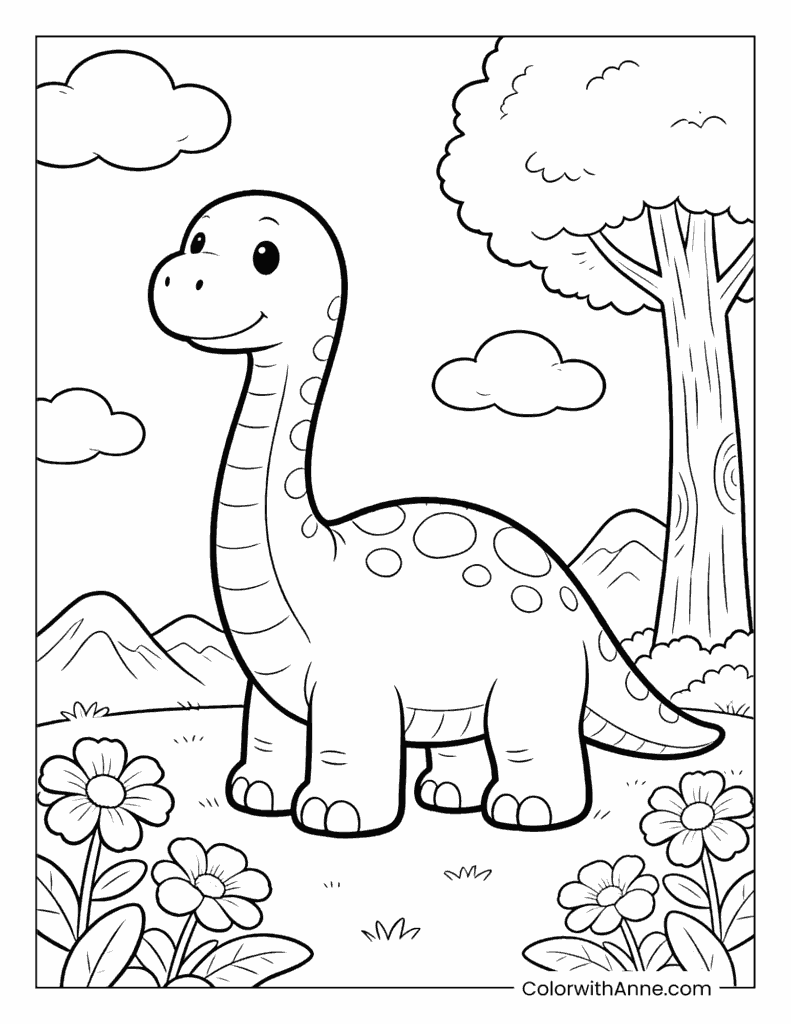 Friendly Brachiosaurus in a Mountain Landscape Coloring Page
