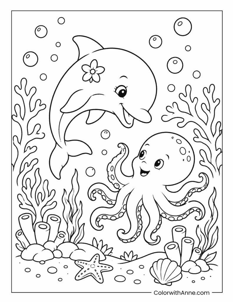 Friendly Dolphin Meeting a Cute Octopus Coloring Page