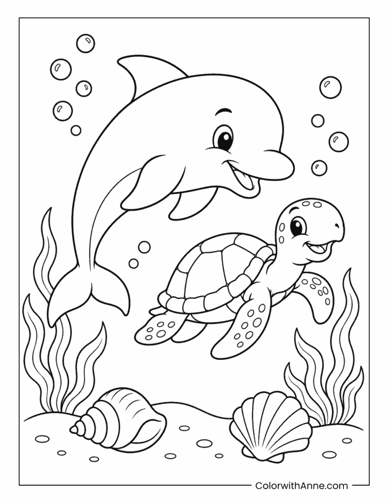 Friendly Dolphin Swimming with a Sea Turtle Coloring Page