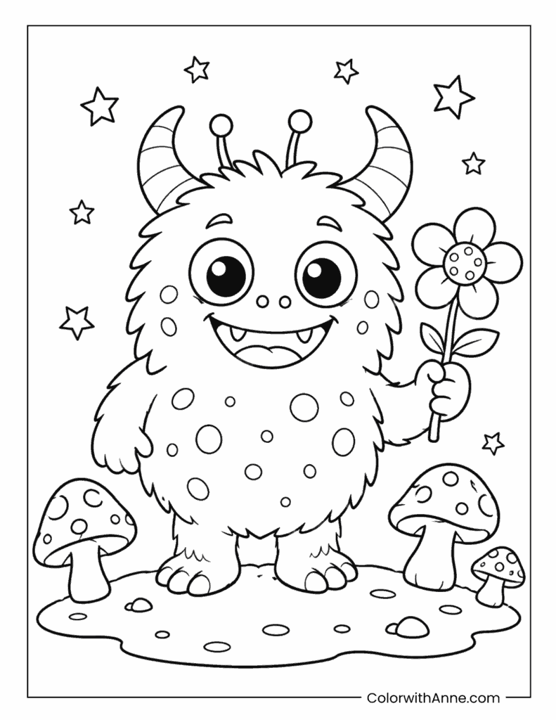 Friendly Furry Alien Monster Holding a Flower Coloring Page