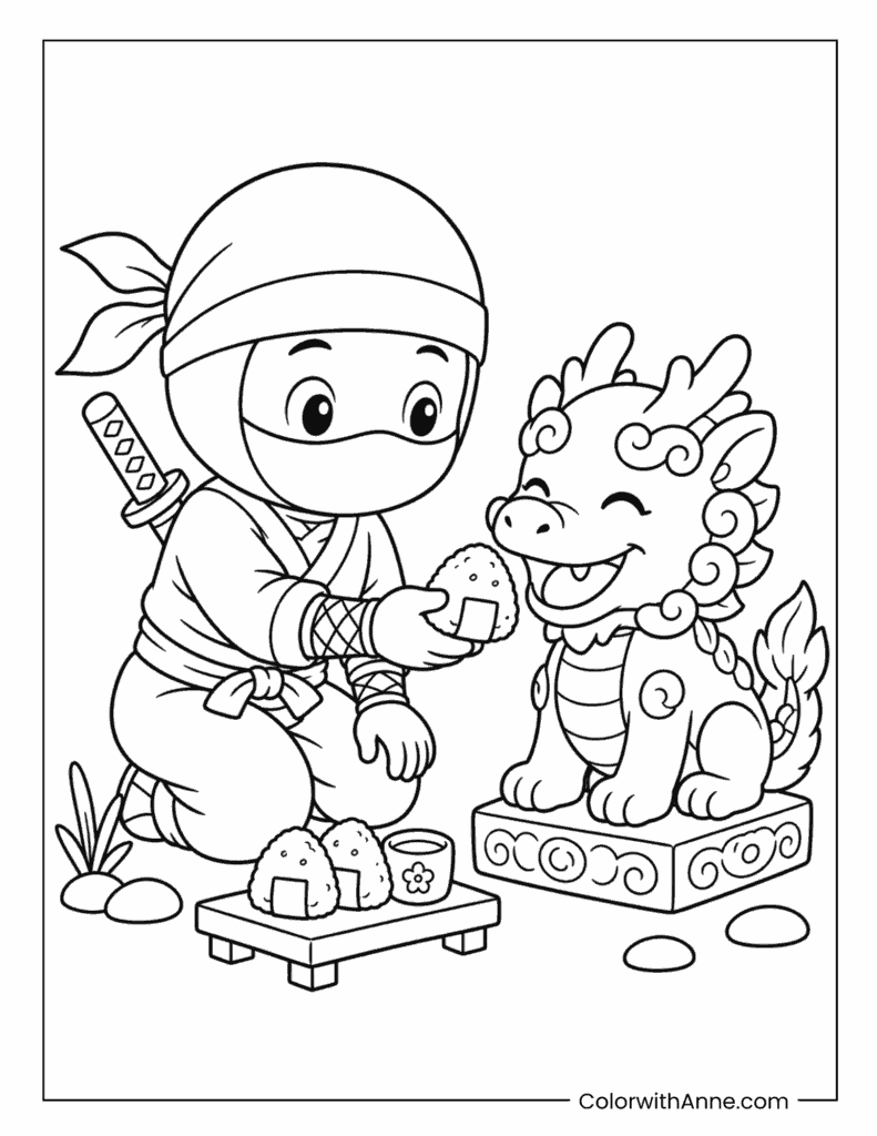 Friendly Ninja Sharing a Rice Ball with a Dragon Statue Coloring Page