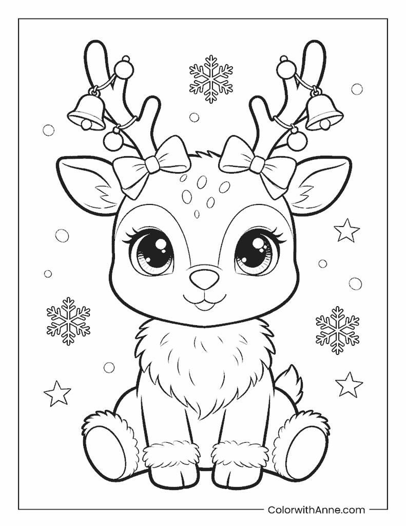 Friendly Reindeer with Bows and Snowflakes Coloring Page