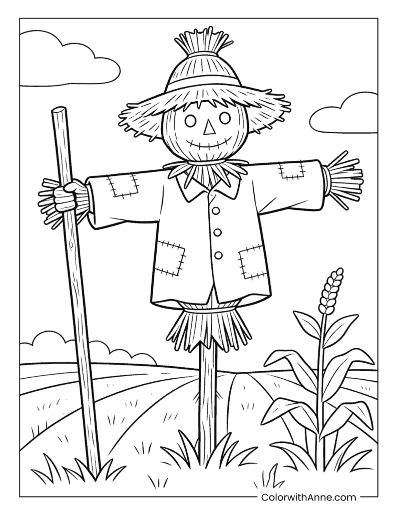 Friendly Scarecrow Smiling in Sunny Countryside Field Coloring Page