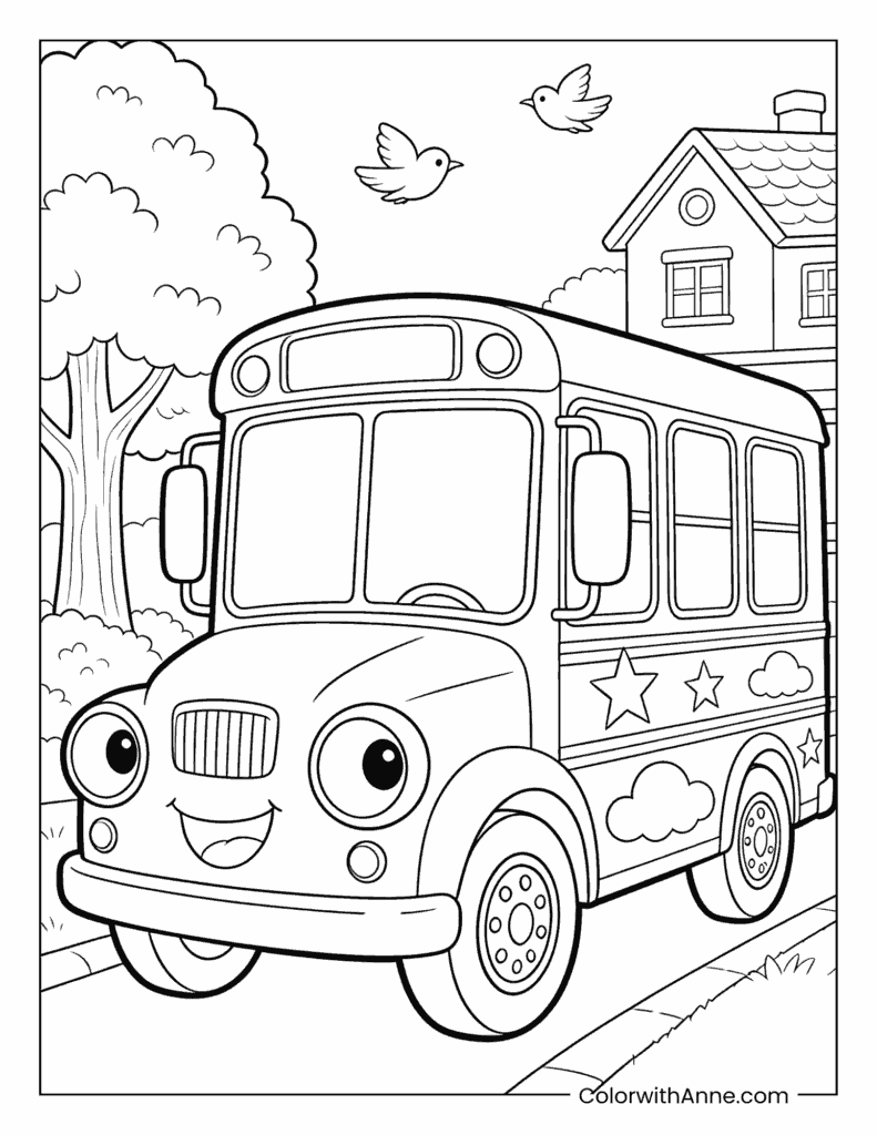 Friendly School Bus in a Town Neighborhood Coloring Page