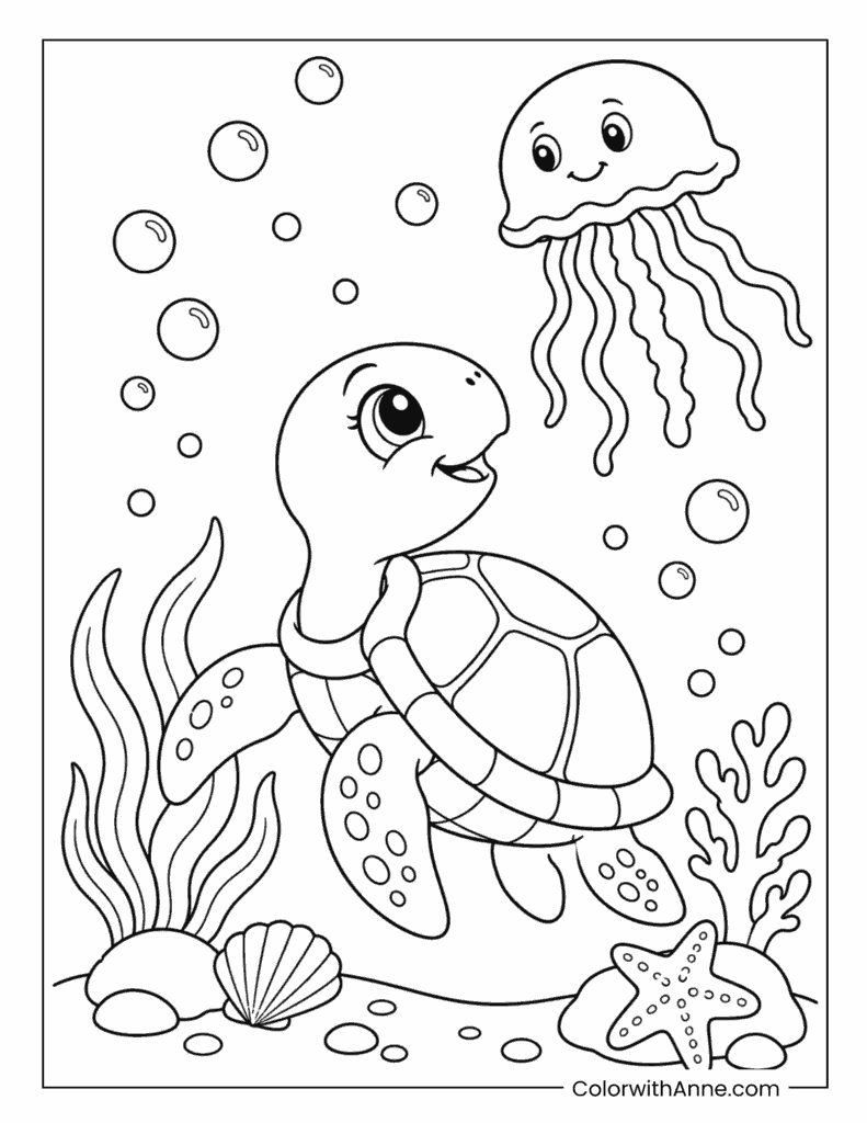 Friendly Sea Turtle and Jellyfish Coloring Page