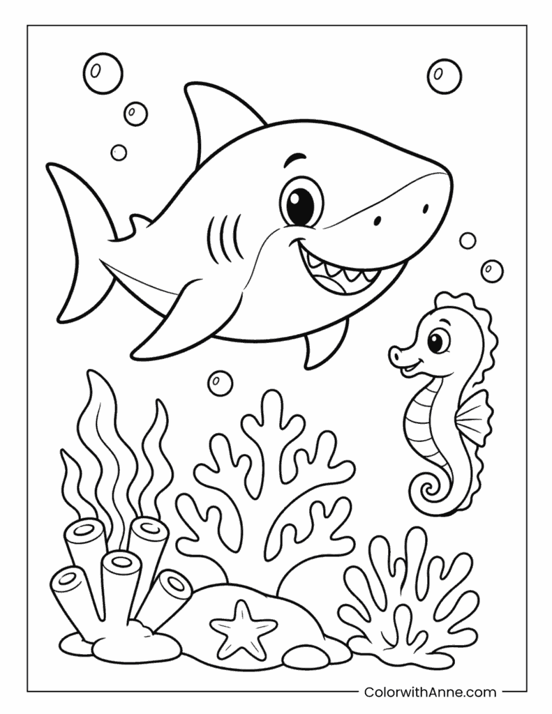 Friendly Shark Swimming with a Seahorse Near Coral Coloring Page