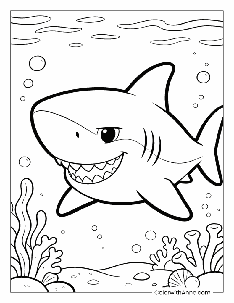 Friendly Shark in an Undersea World Coloring Page