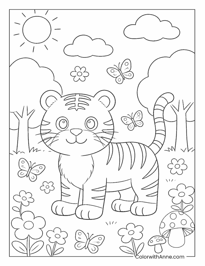 Friendly Tiger with Butterflies Coloring Page