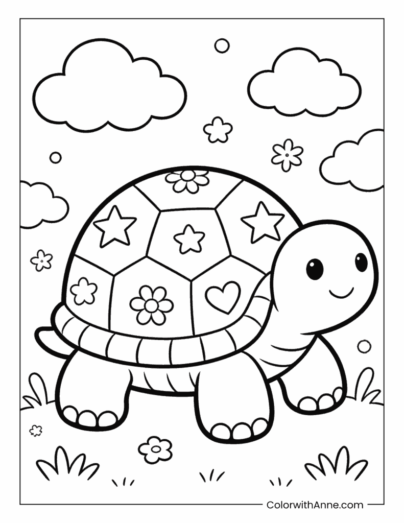 Friendly Turtle on a Sunny Day Coloring Page