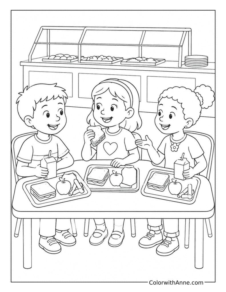Friends Sharing Lunch in the Cafeteria Coloring Page