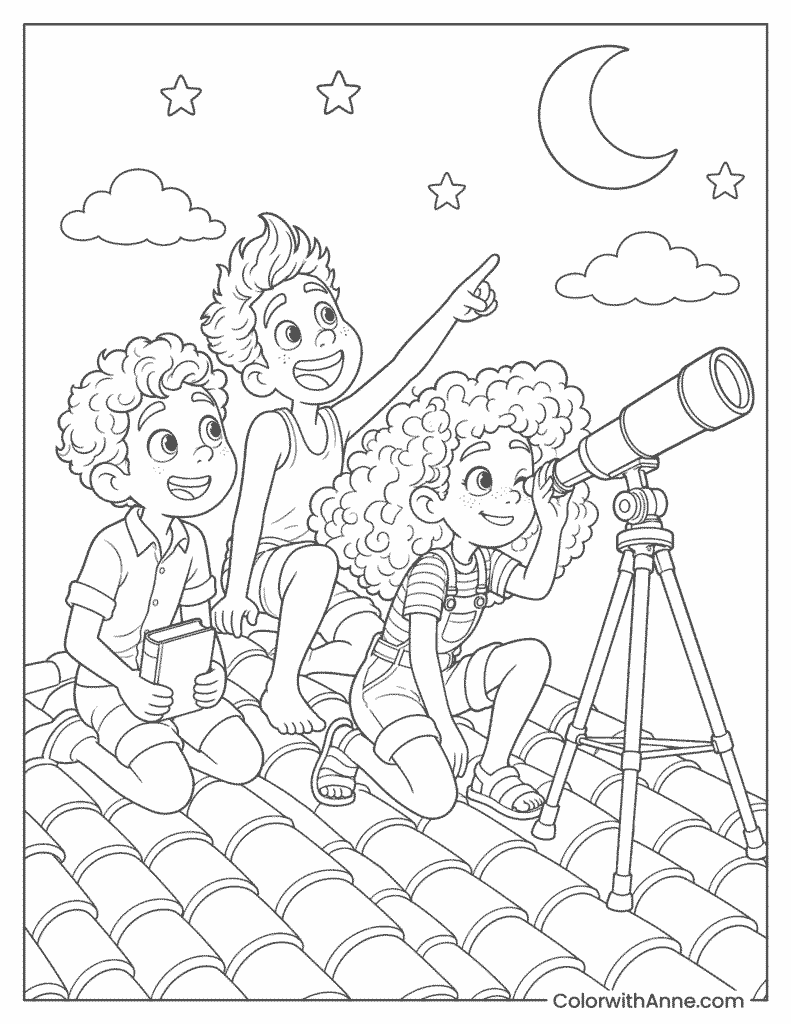 Friends Stargazing Through a Telescope Coloring Page