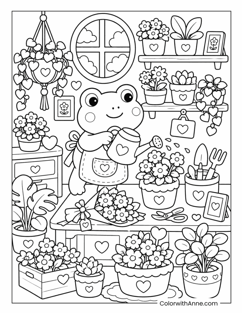 Frog Gardening Day Cozy Coloring Page