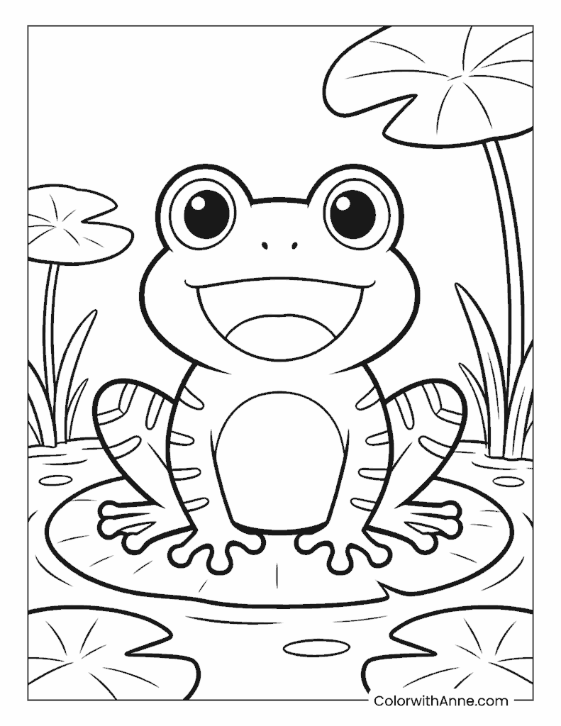 Frog Sitting Happily on a Lily Pad Coloring Page