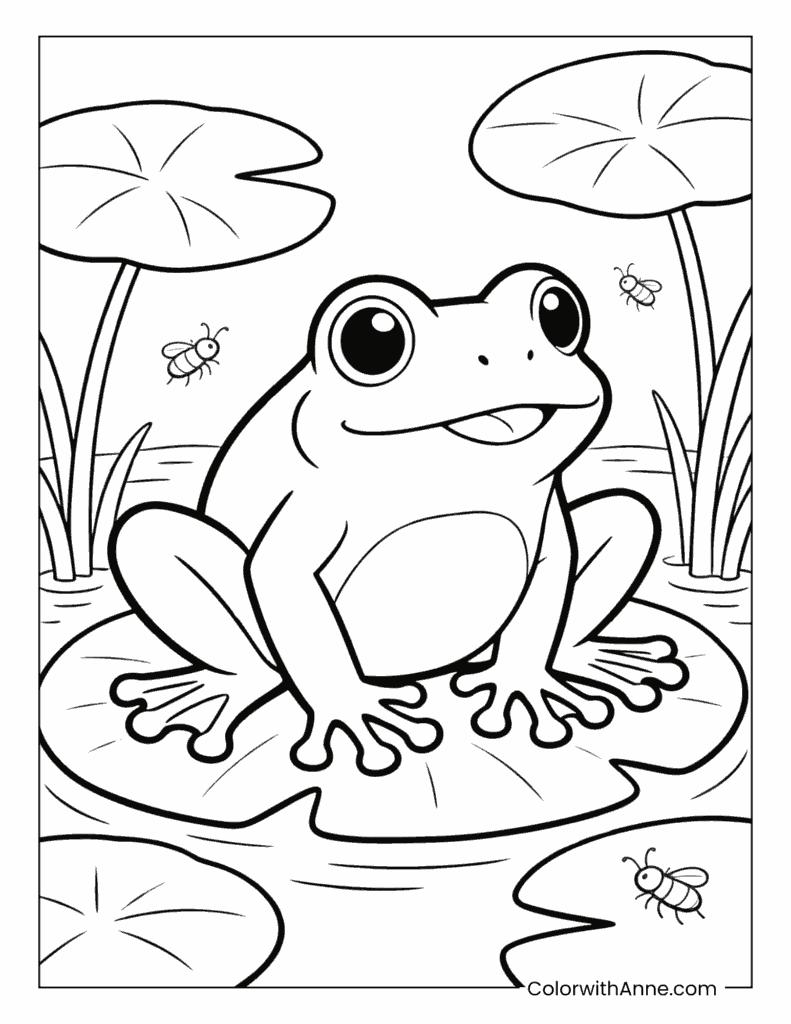 Frog with Fireflies in a Lily Pond Coloring Page