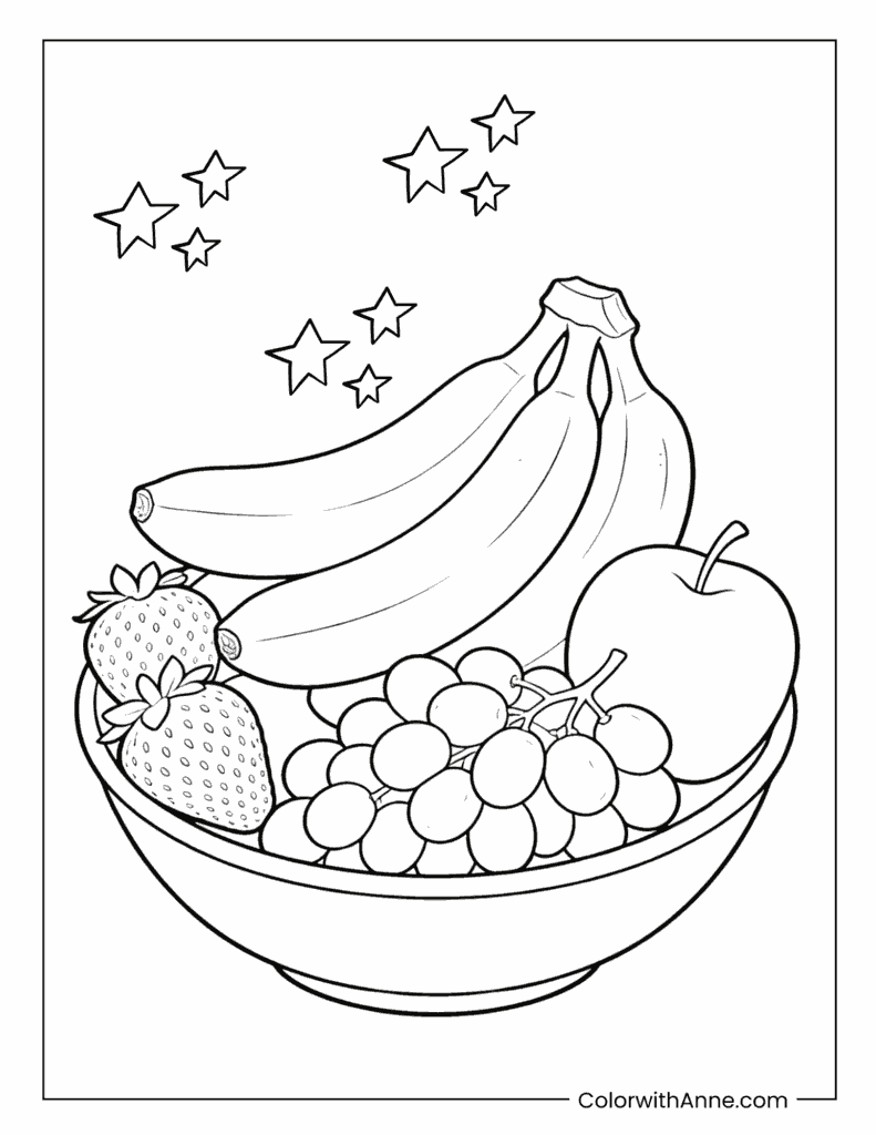 Fruit Bowl with Strawberries, Grapes, Apple, and Bananas Coloring Page