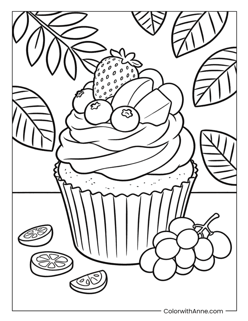 Fruit-Topped Cupcake Coloring Page for Kids