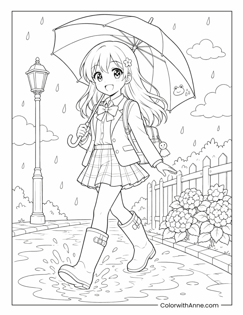 Full Body Anime Girl Rainy Day Coloring Page for Kids