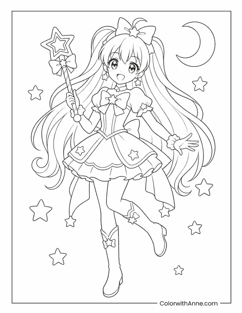 Full Body Magical Anime Girl with Wand and Stars Coloring Page Easy
