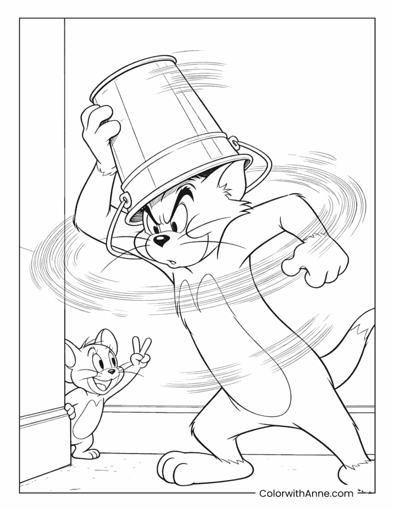 Funny Tom Spinning with Bucket on Head Coloring Page