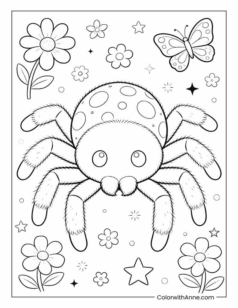 Fuzzy Spotty Spider in a Meadow Coloring Page