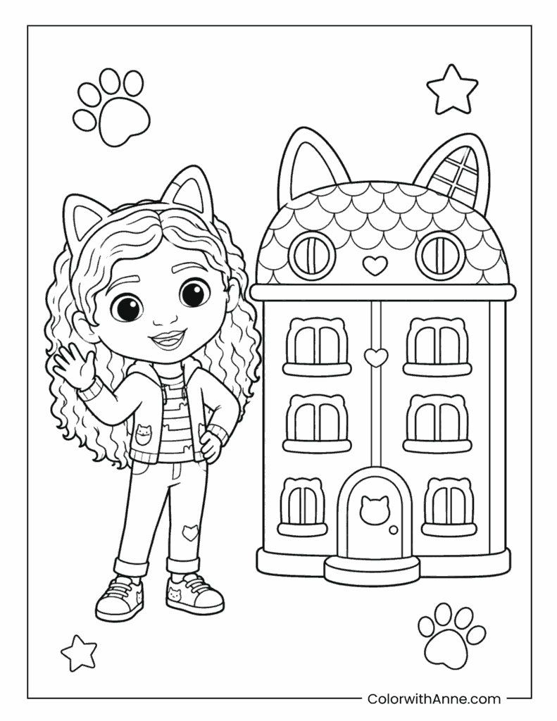Gabby Standing Beside the Dollhouse Coloring Page