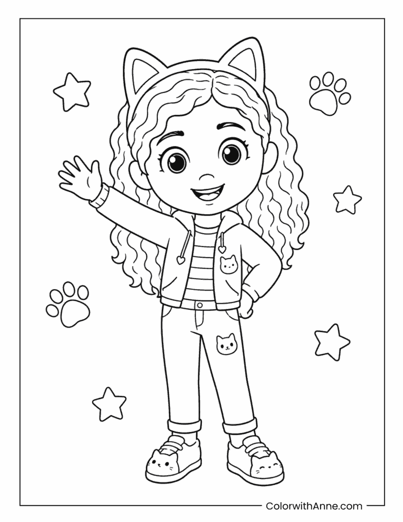 Gabby Waving with Stars and Paw Prints Coloring Page