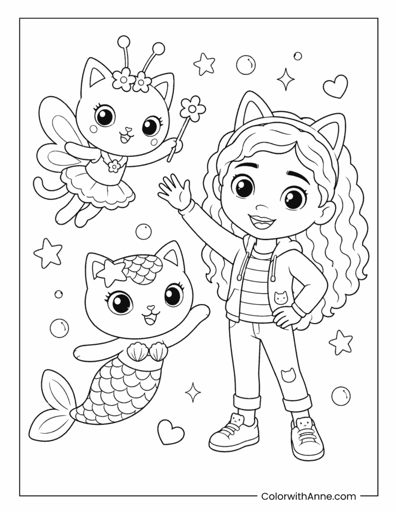 Gabby with Kitty Fairy and MerCat Coloring Page
