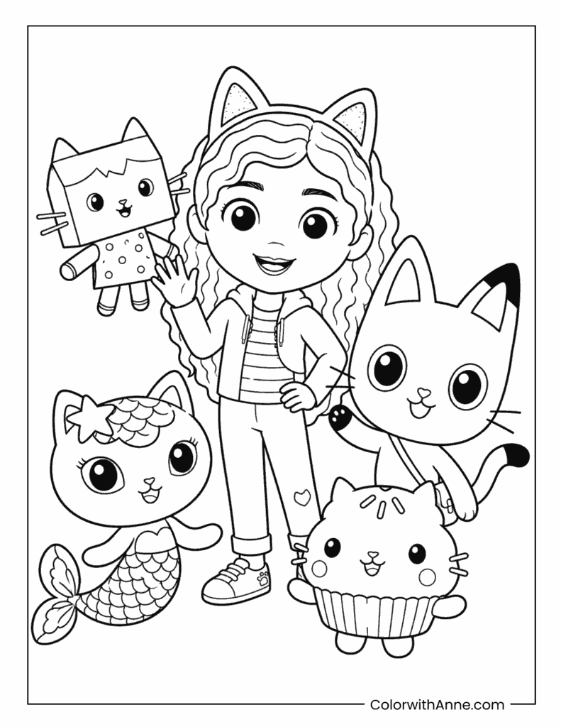 Gabby with Pandy Paws Baby Box Cakey Cat and MerCat Coloring Page