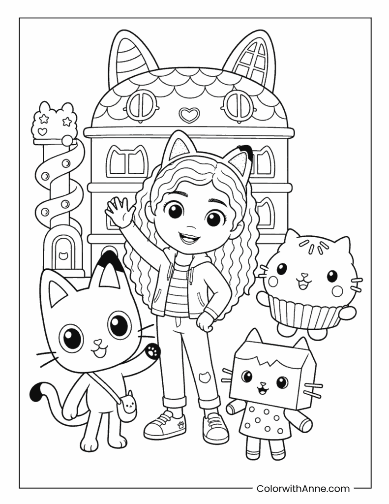 Gabby with Pandy Paws Baby Box and Cakey Cat at the Dollhouse Coloring Page
