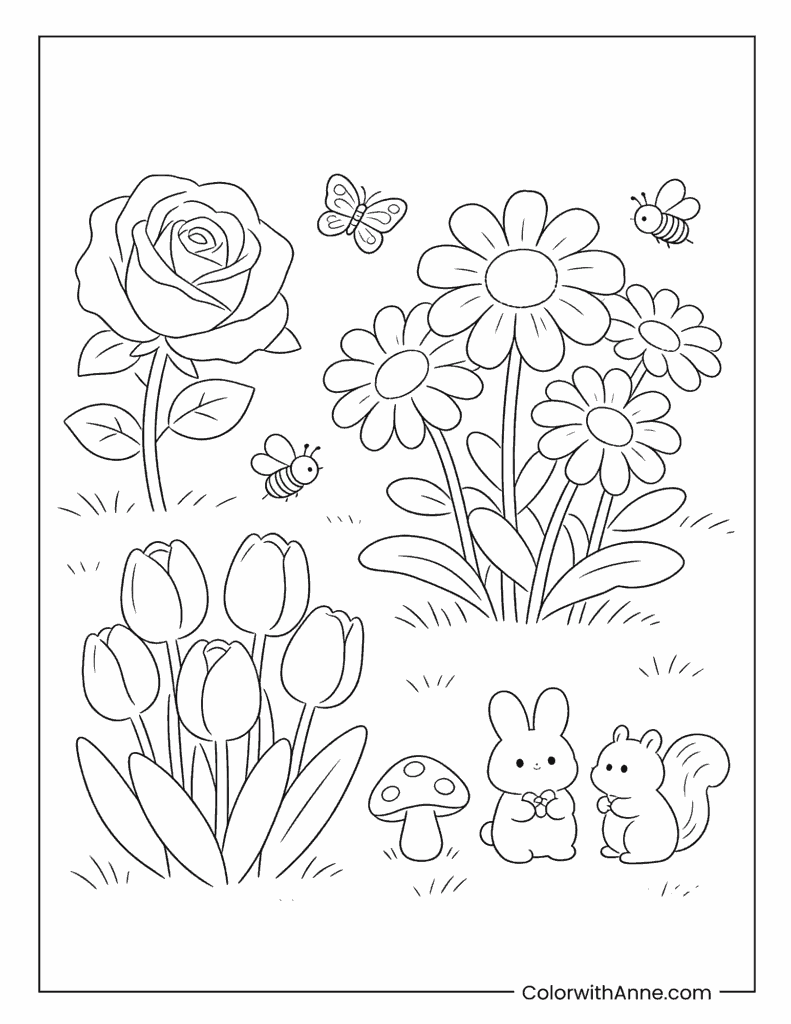 Garden Friends Rabbit and Squirrel Coloring Page