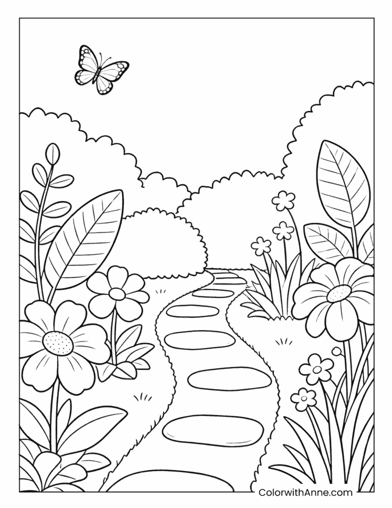 Garden Path with Butterfly Coloring Page