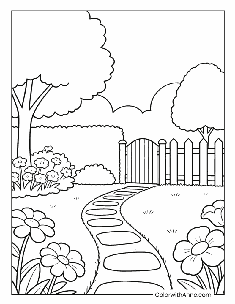 Garden Path with Picket Fence Gate Coloring Page