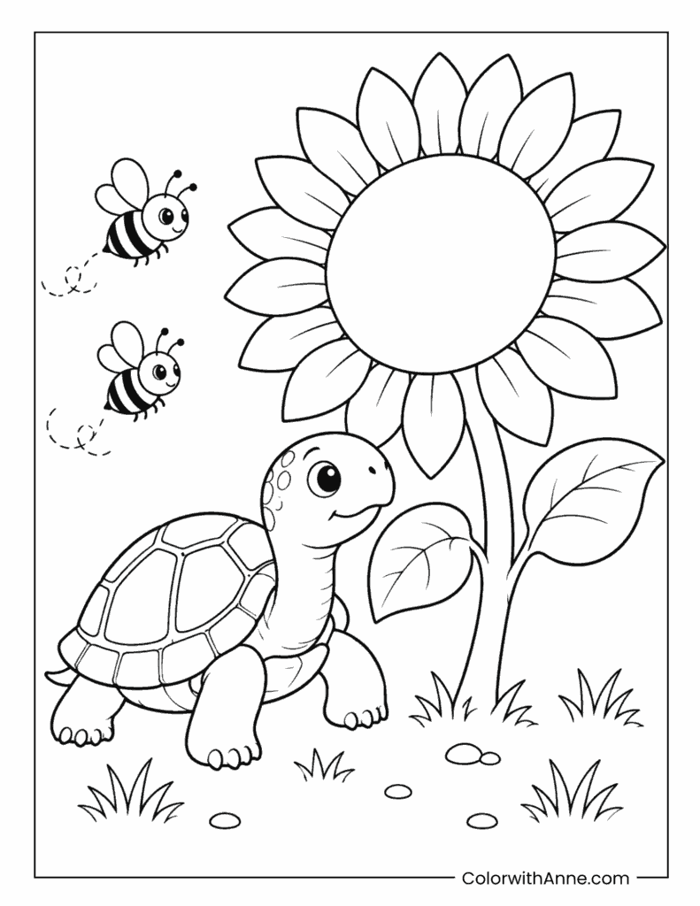 Garden Turtle with Sunflower and Bees Coloring Page