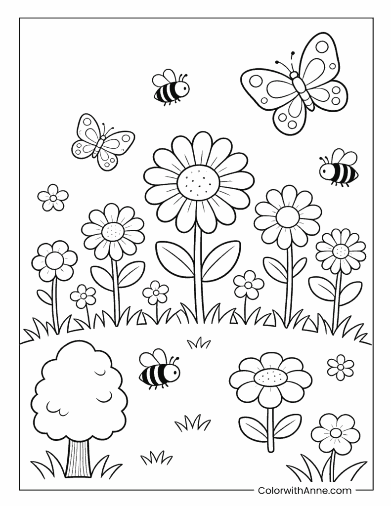 Garden of Bees and Butterflies Coloring Page