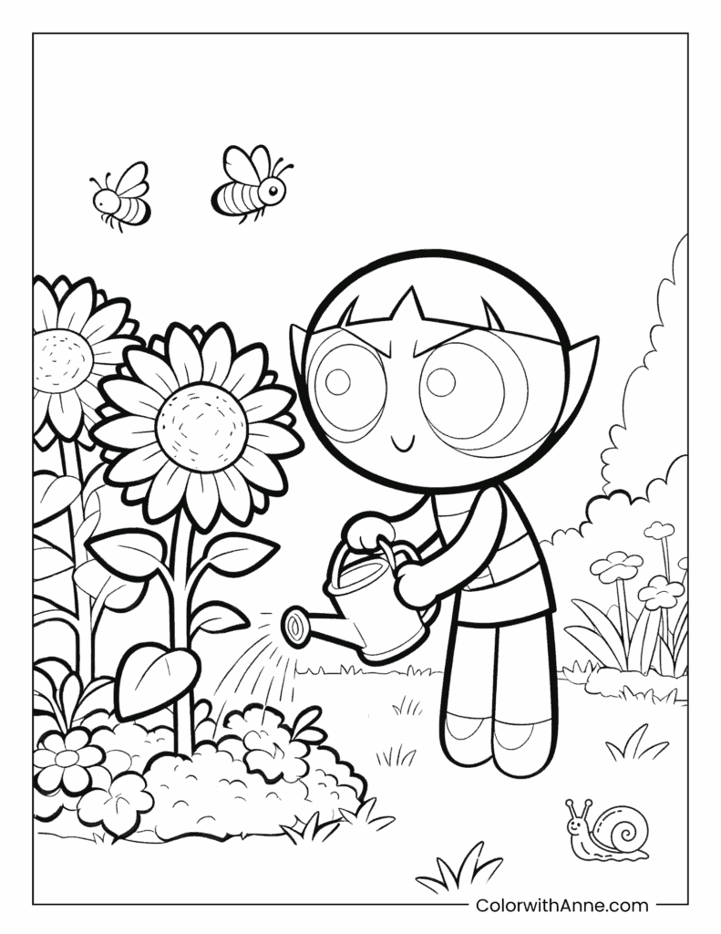 Gardener Buttercup Watering Sunflowers Coloring Page