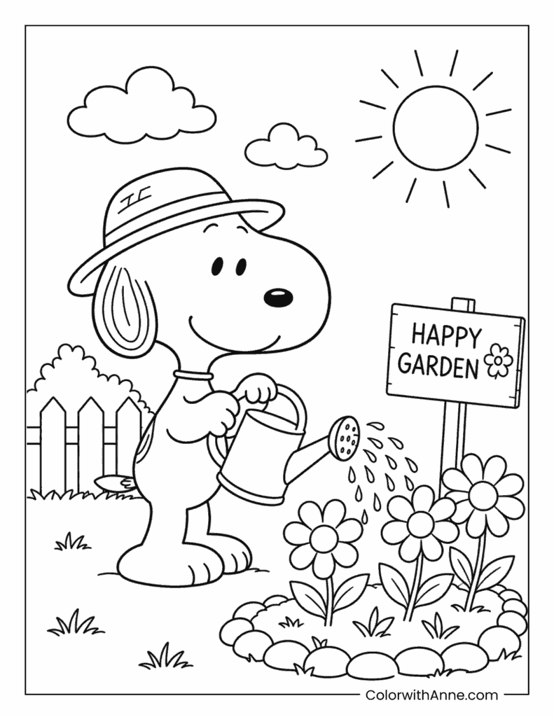 Gardener Snoopy Watering Flowers in the Happy Garden Coloring Page