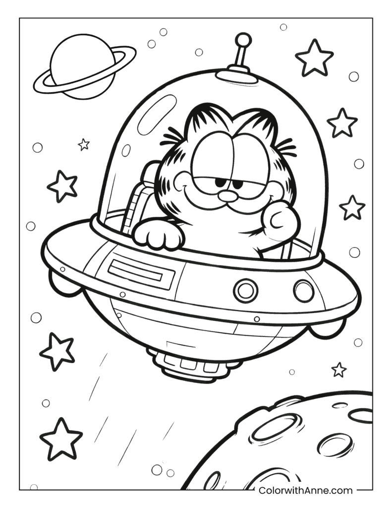 Garfield Flying a UFO Coloring Page
