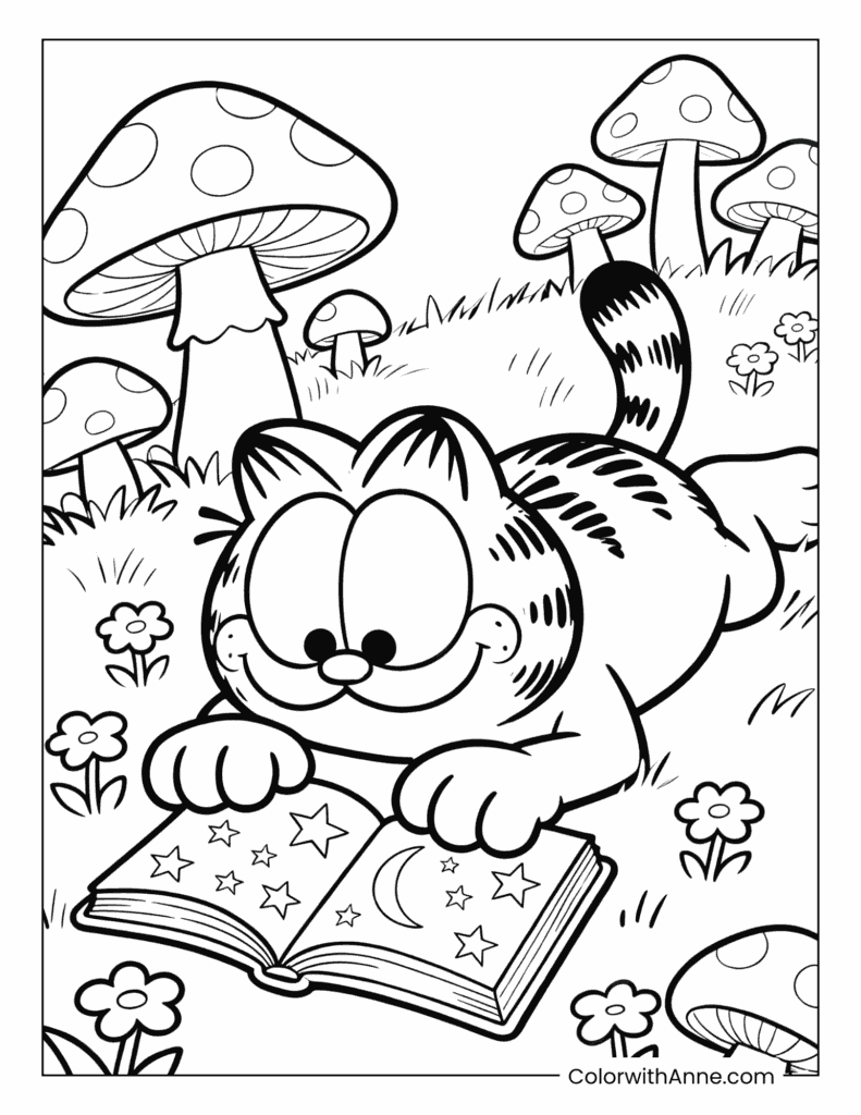 Garfield Reading a Book in the Garden Coloring Page