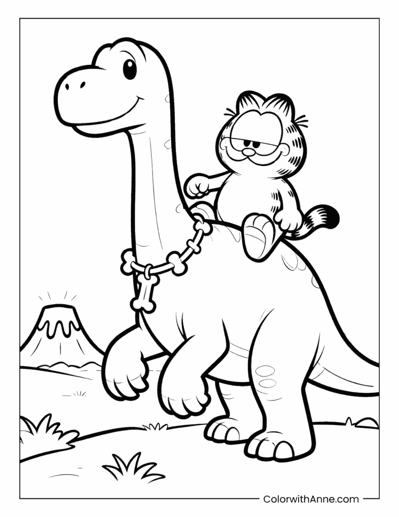 Garfield Riding a Dinosaur Coloring Page